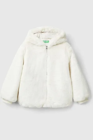 Benetton Girls Smooth Faux Fur Hooded Jacket Long Sleeved With Ribbed Cuff And Logo Zip