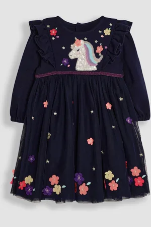 JoJo Maman Bébé Girls Navy Unicorn Appliqué Tulle Party Dress