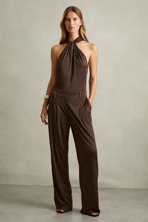 Reiss Chocolate Claudia Jersey Halter Neck Wide Leg Jumpsuit AU 14