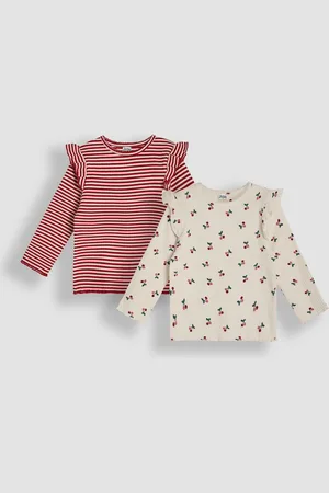 JoJo Maman Bébé Girls 2-Pack Cherry & Stripe Frill Rib Tops