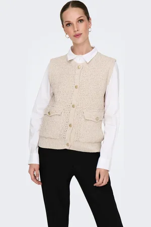 ONLY Cream Boucle Knit Button Through Vest AU 16