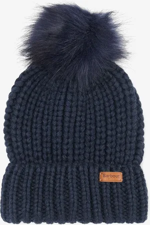 Barbour Navy Saltburn Cable Knit Pom Beanie Logo Hat One