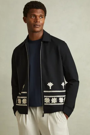 Reiss Mens Navy Gatsby Interlock Jersey Embroidered Jacket
