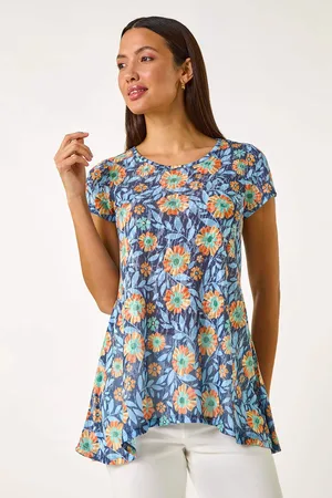 Roman Blue Floral Burnout Print Tunic Top AU 20