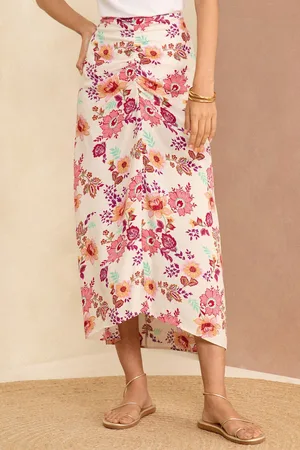 Love & Roses Womens Ivory Floral Printed Ruched Midi Skirt