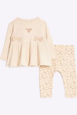 River Island Girls Baby Girls Rib Bows 100% Cotton Top and Leggings Set
