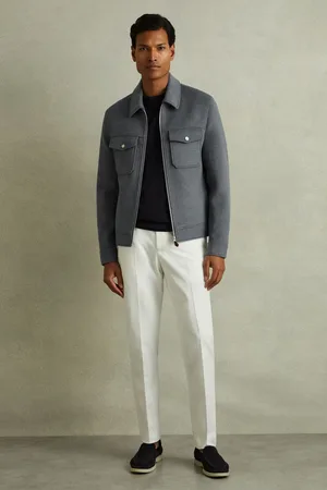 Reiss Mens Sky Melange Peridoe Zip-Through Trucker Jacket with Wool