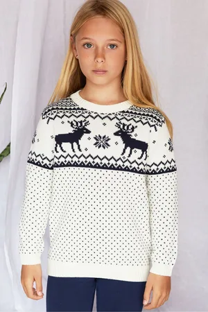 The Little Tailor Girls Kids Christmas 100% Cotton Reindeer Fairisle Jumper