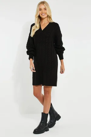 Threadbare Womens V-Neck Chunky Cable Knit Jumper Dress