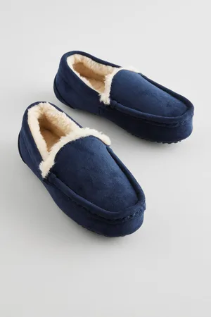 Next Boys Navy with Neutral Warm Lining Cosy Moccasin Slippers