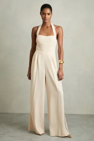 Reiss Cream Viola Petite Embroidery Halterneck Wide-Leg Jumpsuit AU 10