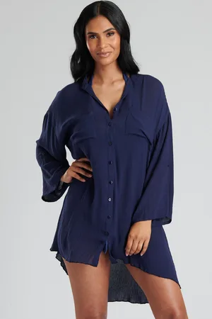 South Beach Womens Navy Crinkle Viscose Nehru Collar Beach Shirt with Pockets