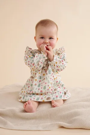 Purebaby Girls Cream Autumn Floral Print Ruffle 100% Cotton Dress with Bloomer