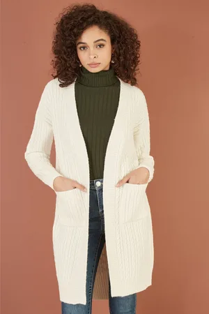Yumi Womens Cable Knit Edge to Edge Long Cardigan With Pockets