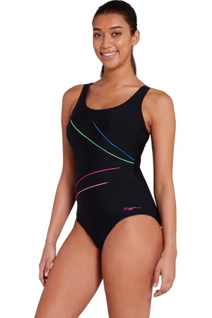 Zoggs Macmasters Scoopback Tummy Control Black Swimsuit AU 22