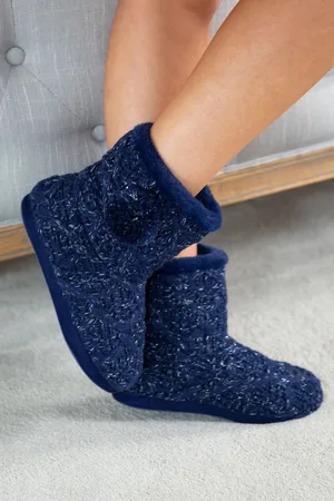 Pour Moi Blue Cable Knit Faux Fur Lined Bootie Slippers UK 3