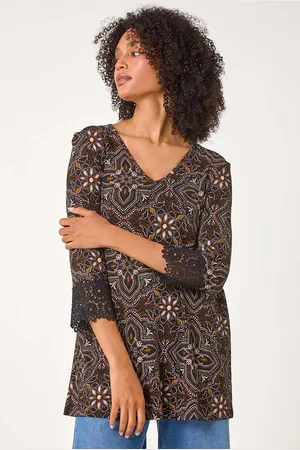Roman Black Abstract Print Lace Detail Tunic Top AU 10