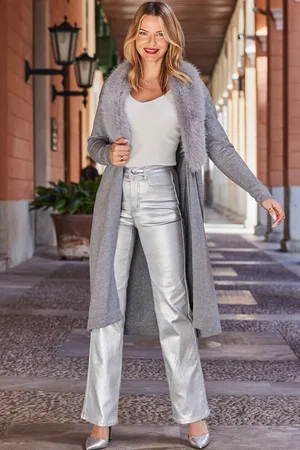 Sosandar Womens Faux Fur Collar Longline Cardigan