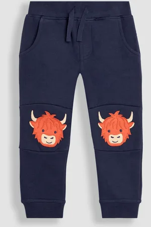JoJo Maman Bébé Boys Navy Highland Cow Appliqué Pet in Pocket Knee Joggers