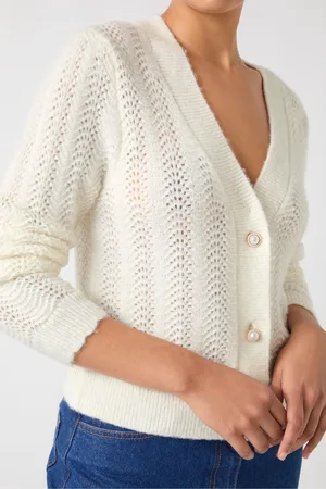 LK Bennett Cream Elodie Wool Blend Stitch Detail V-Neck Fluffy Cardigan M