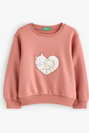 Benetton Girls Sweatshirt With Ribbed Neck Cuffs And Hem Cat Detail