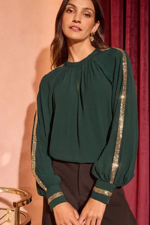 Love & Roses Womens Dark Petite Crew Neck Sequin Trim Long Sleeve Blouse
