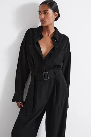 Reiss Black Rochelle Atelier Belted Crepe Jumpsuit AU 10