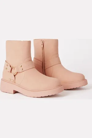 Lipsy London Pink Heart Buckle Biker Faux Leather Flat Ankle Boot AU 12 (EU 30.5)