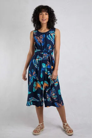 Weird Fish Navy Blue Nalani Viscose Printed Jumpsuit AU 22