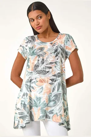 Roman Green Leaf Print Hanky Hem Tunic Top AU 14