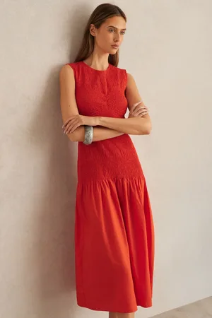 Reiss Annabel Cotton Shirred Midi Dress AU 4