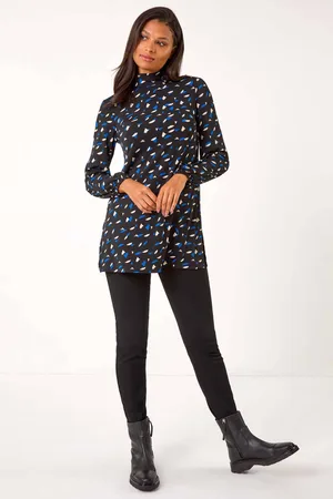 Roman Blue Abstract Print High Neck Tunic Top AU 10