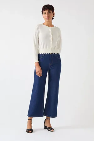 LK Bennett Cream Vanessa Crew Neck Pointelle Detail 100% Cotton Cardigan M