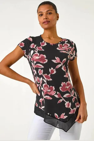 Roman Pink Abstract Print Chiffon Hem Tunics Top AU 18