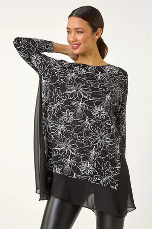 Roman Black Floral Print Mesh Hem Tunic Top AU 16