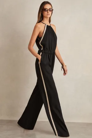 Reiss Black Auden Halterneck Craft Stitch Jumpsuit AU 18