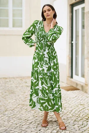 Yumi Abstract Print Ruched Midi Dress With Long Sleeves AU 12
