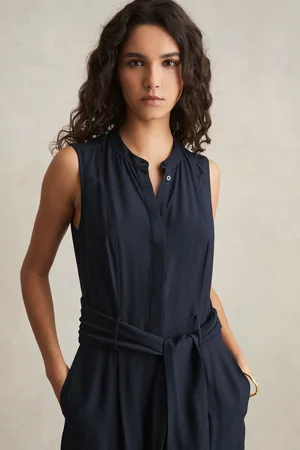 Reiss Navy Raven Petite Wide-Leg Belted Jumpsuit AU 14