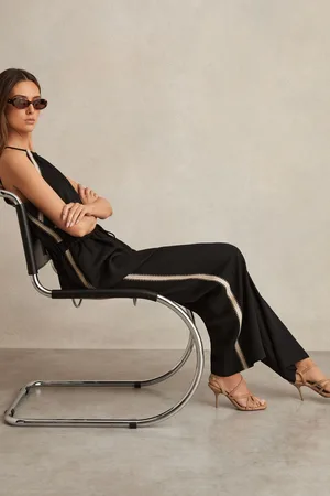 Reiss Black Auden Petite Halterneck Craft Stitch Jumpsuit AU 12