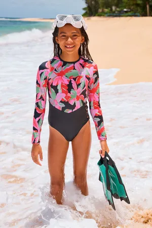Roxy Black Tropical Print Active Long Sleeve Swimsuit 14 Years (164cm)