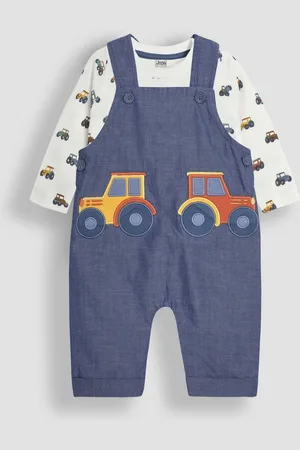 JoJo Maman Bébé Boys Chambray Tractor Appliqué Pocket Dungarees and Top Set