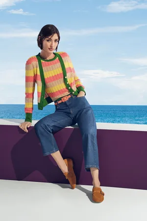LK Bennett Green Cinzia Treetop Multicoloured Cotton Blend Zig Zag Pointelle Knit Cardigan S
