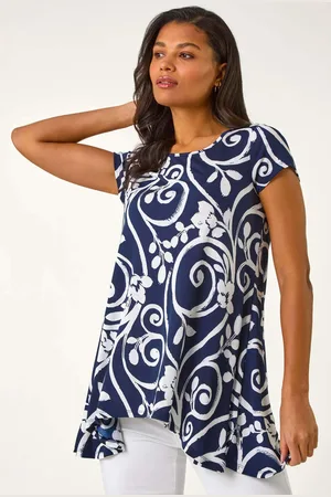 Roman Blue Floral Print Hanky Hem Tunic Top AU 16