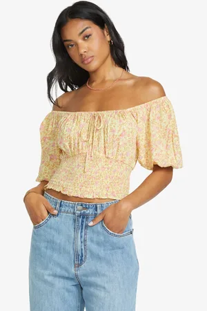 Billabong Sunspell Yellow Wish Away Bardot Summer Floral Top AU 8