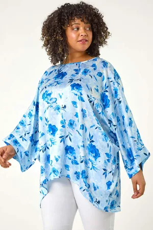 Roman Blue Curve Floral Print Tunic Top AU 26-28