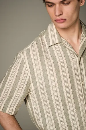 Next 100% Cotton Textured Stripe Short Sleeve Shirt M