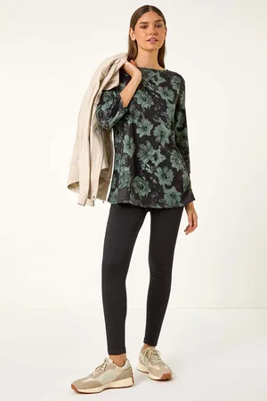 Roman Green Floral Print Stretch Tunic Top AU 16