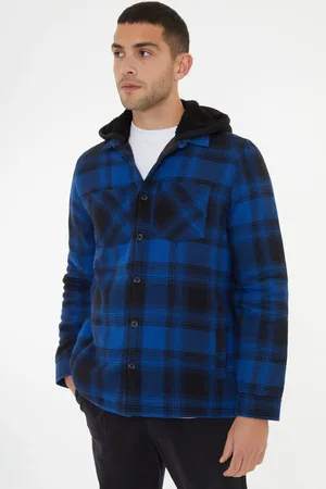 Threadbare Blue Check Shacket with Borg Lined Hoodie S