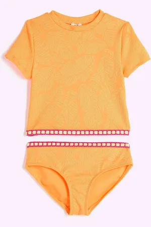 River Island Orange Girls Palm Textured T-Shirt Bikini 7
