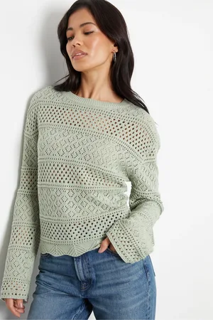 Threadbare Green Long Sleeve Pointelle Crochet Knit Jumper AU 14